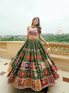 Green Color Digital Print with Mirror Work Designer Navratri Lehenga Choli
