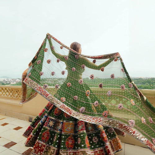 Green Color Digital Print with Mirror Work Designer Navratri Lehenga Choli