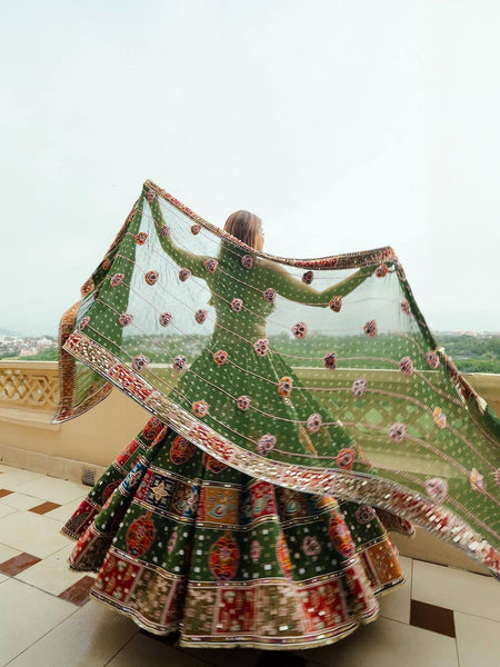 Green Color Digital Print with Mirror Work Designer Navratri Lehenga Choli