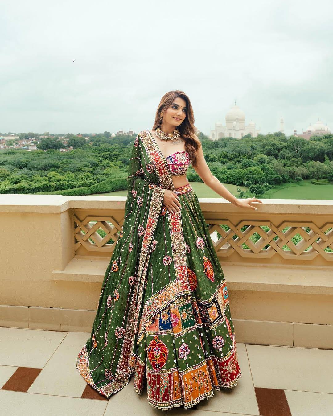 Green Color Digital Print with Mirror Work Designer Navratri Lehenga Choli