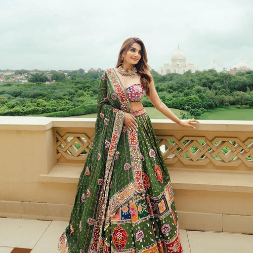 Green Color Digital Print with Mirror Work Designer Navratri Lehenga Choli