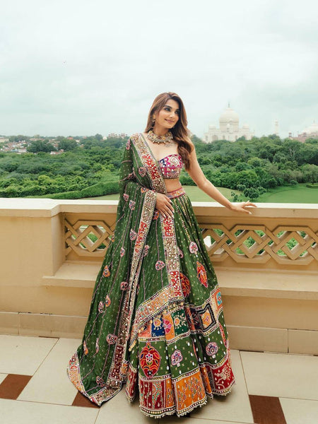 Green Color Digital Print with Mirror Work Designer Navratri Lehenga Choli