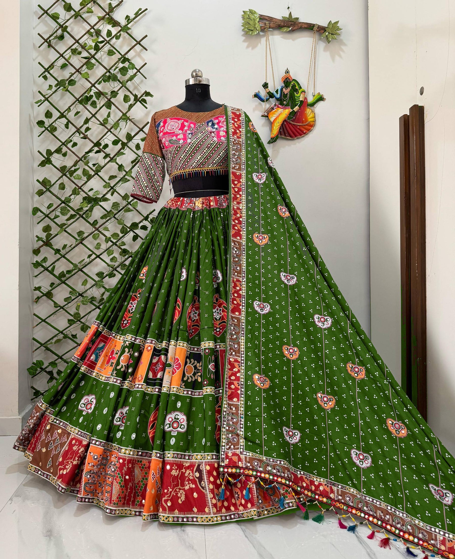 Green Color Digital Print with Mirror Work Designer Navratri Lehenga Choli