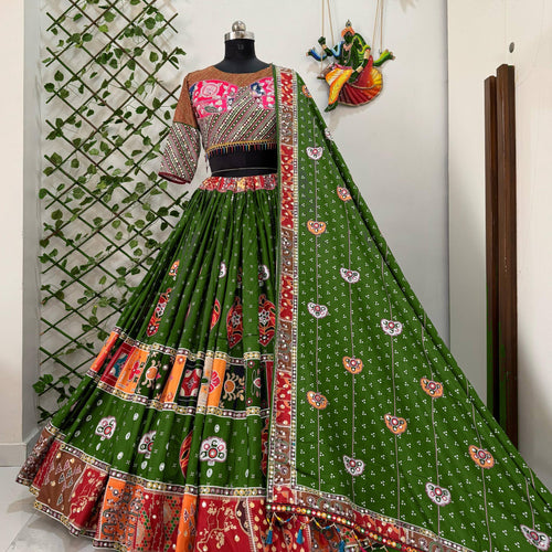Green Color Digital Print with Mirror Work Designer Navratri Lehenga Choli