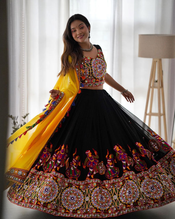 Black Color Chain Stich Embroidery with Mirror Work Designer Navratri Lehenga Choli
