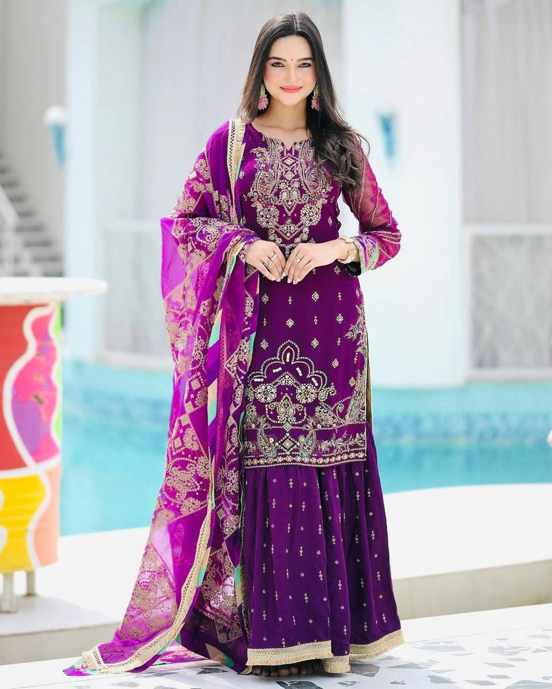 Purple Color Embroidery with Sequins Work Sharara Suit