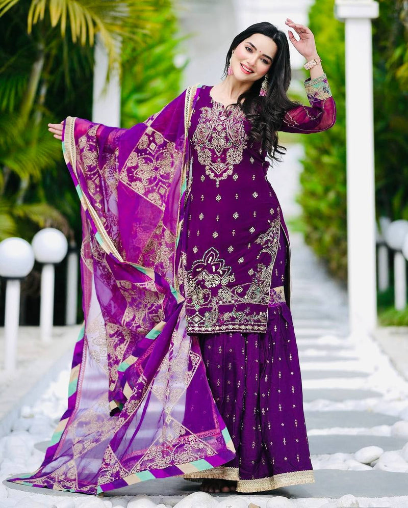 Purple Color Embroidery with Sequins Work Sharara Suit