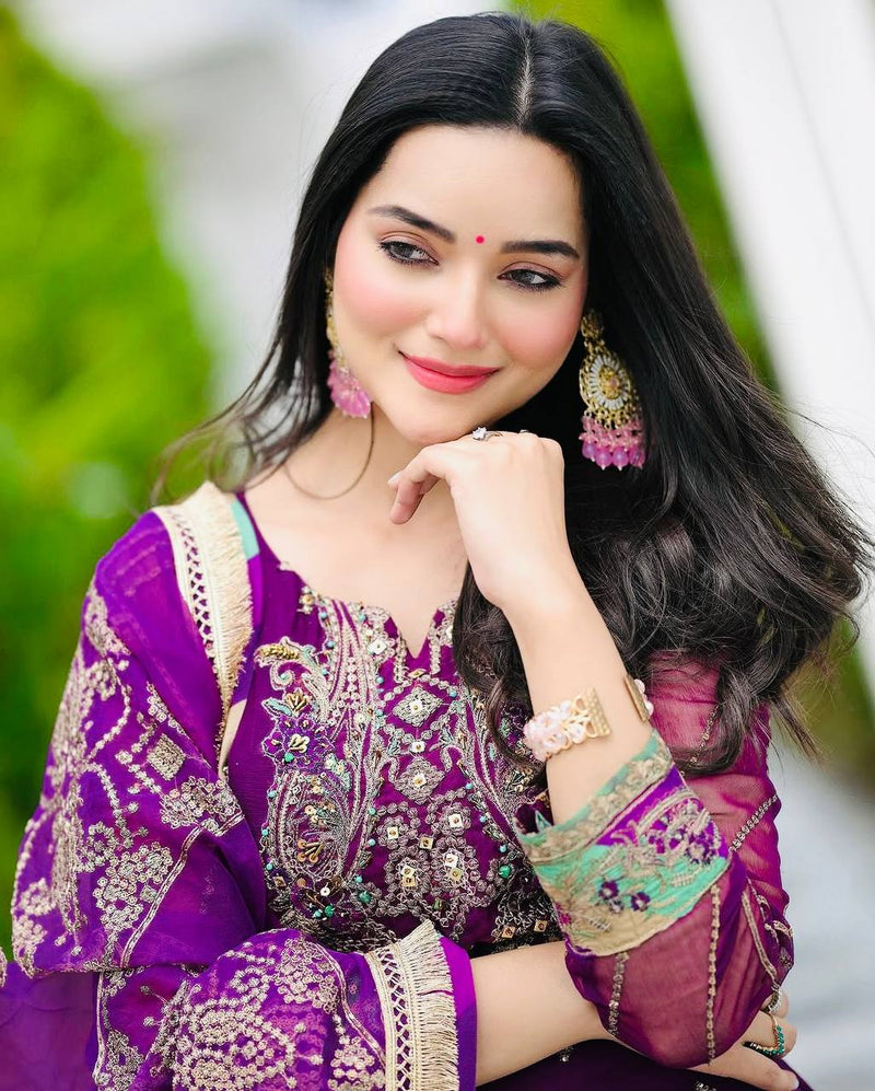 Purple Color Embroidery with Sequins Work Sharara Suit