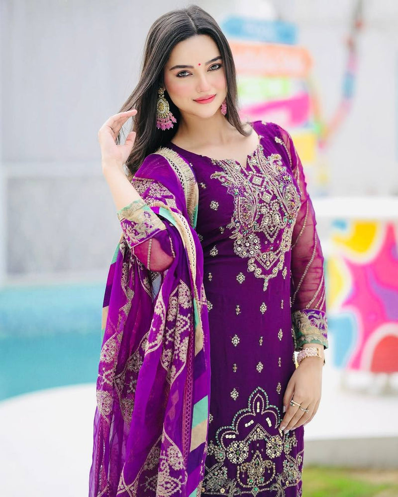 Purple Color Embroidery with Sequins Work Sharara Suit