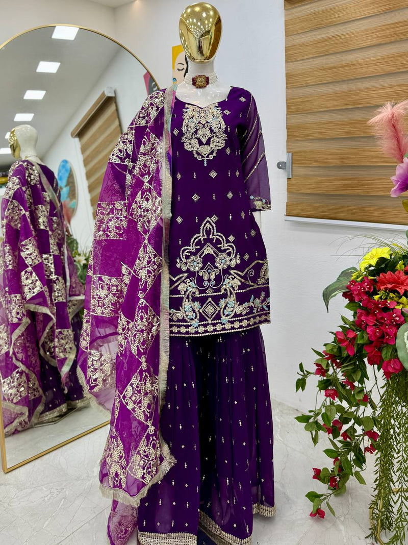 Purple Color Embroidery with Sequins Work Sharara Suit