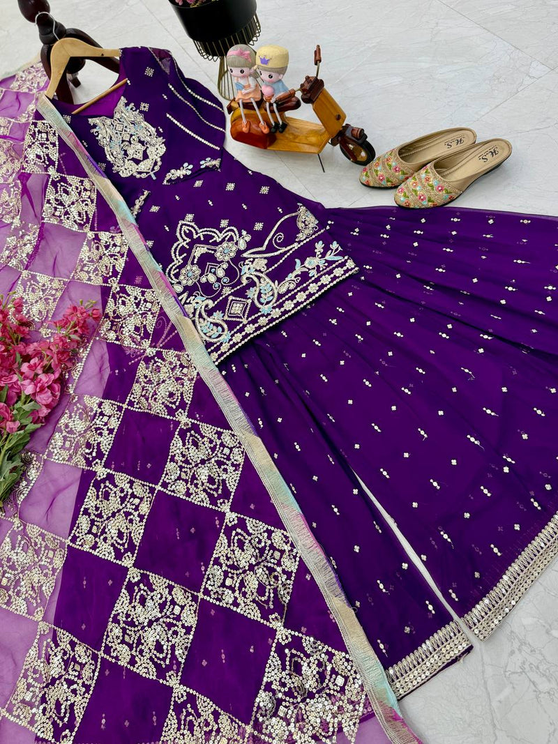 Purple Color Embroidery with Sequins Work Sharara Suit