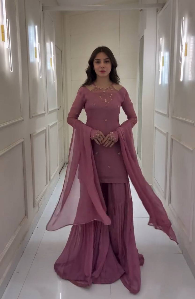 Light Purple Color Embroidery with Sequins Work Sharara Suiti