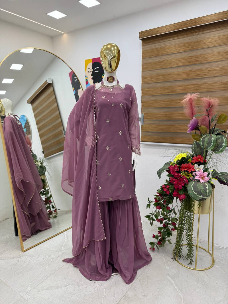 Light Purple Color Embroidery with Sequins Work Sharara Suiti