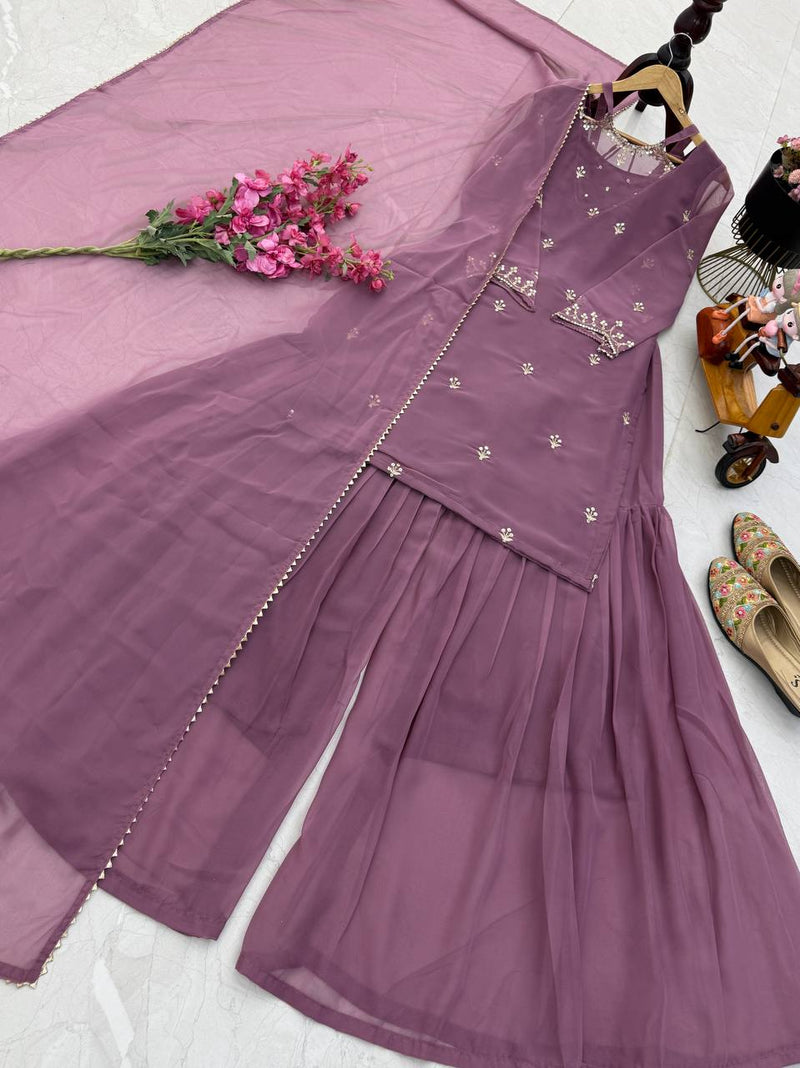 Light Purple Color Embroidery with Sequins Work Sharara Suiti