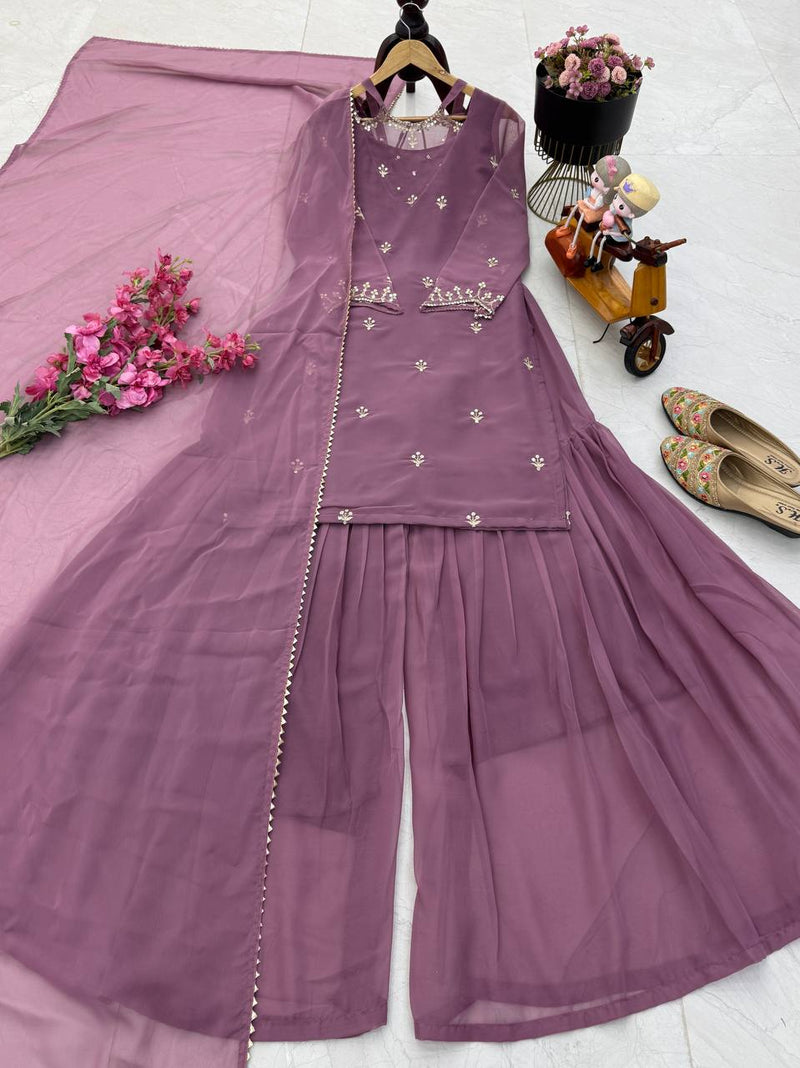 Light Purple Color Embroidery with Sequins Work Sharara Suiti