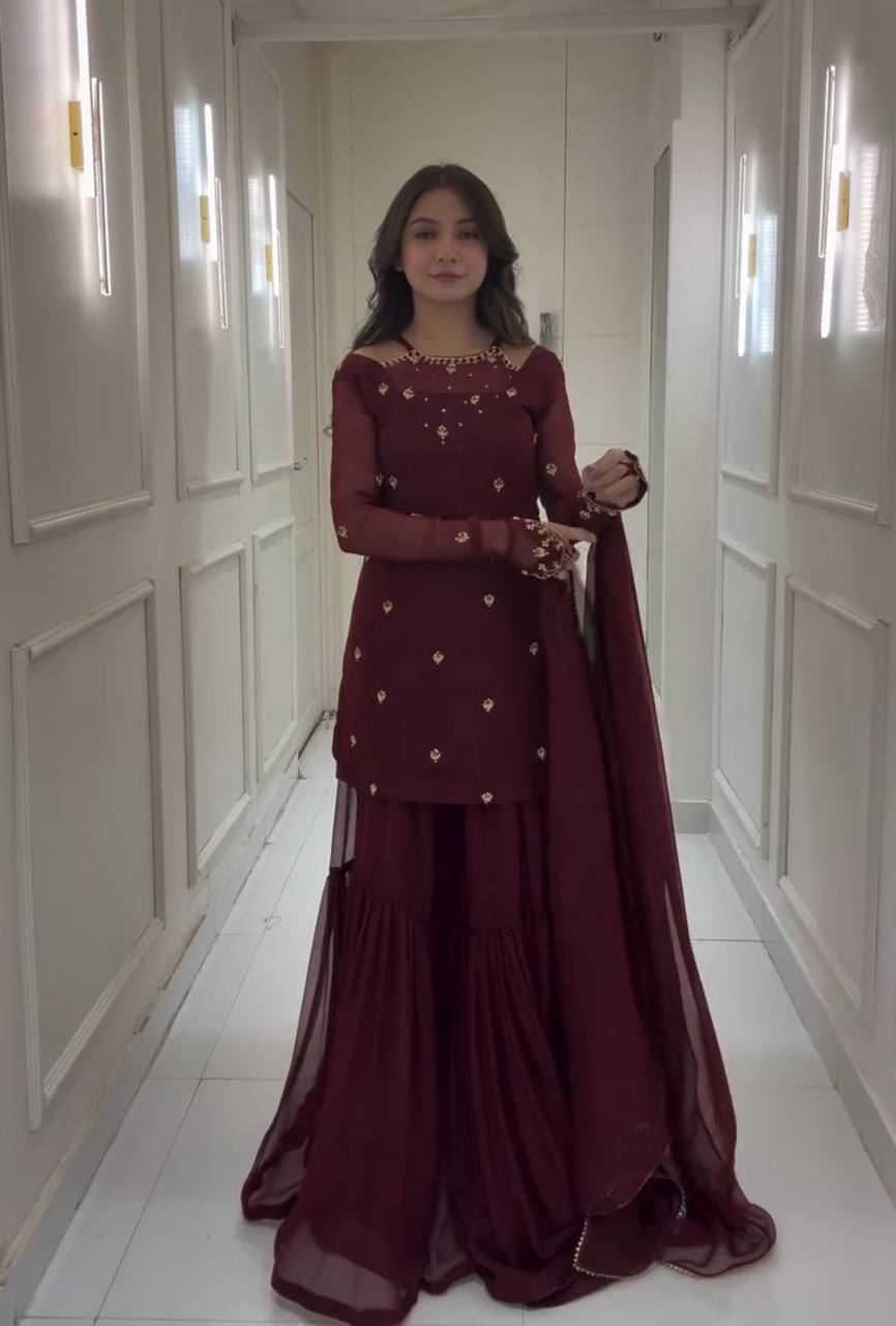 Maroon Color Embroidery with Sequins Work Sharara Suiti