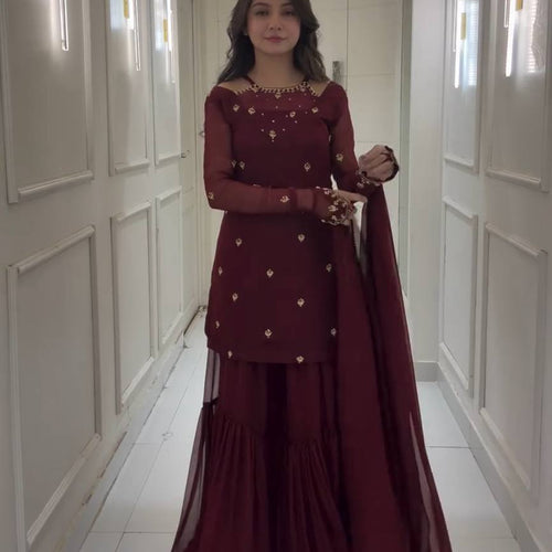 Maroon Color Embroidery with Sequins Work Sharara Suiti