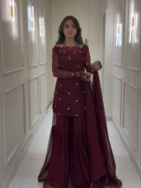 Maroon Color Embroidery with Sequins Work Sharara Suiti