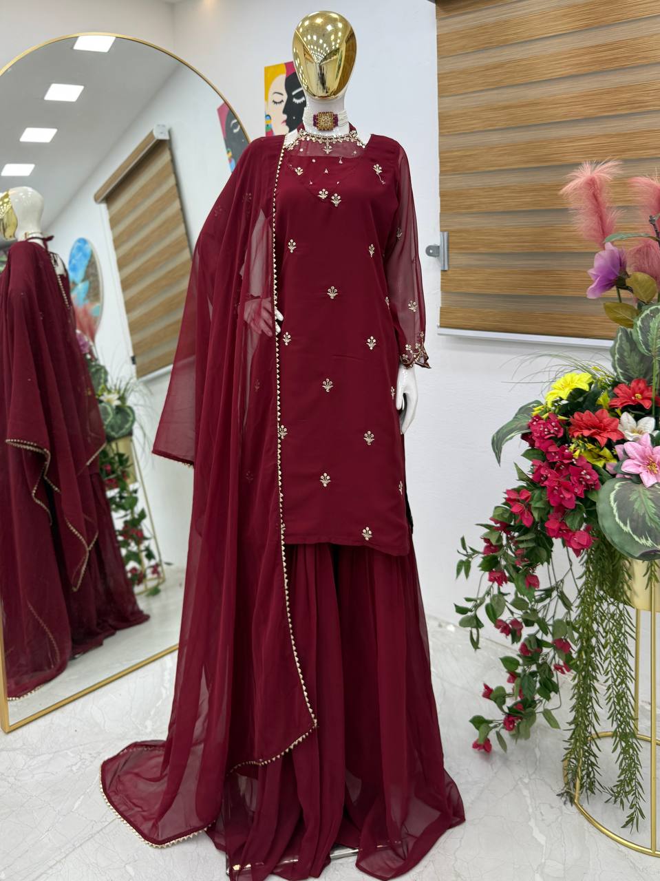 Maroon Color Embroidery with Sequins Work Sharara Suiti