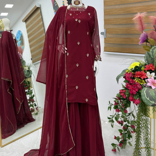 Maroon Color Embroidery with Sequins Work Sharara Suiti