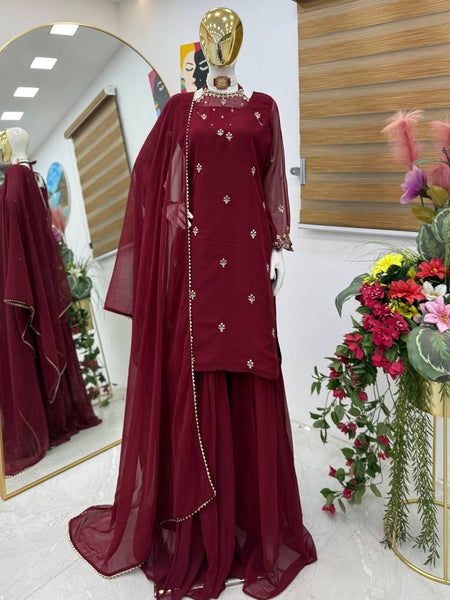 Maroon Color Embroidery with Sequins Work Sharara Suiti