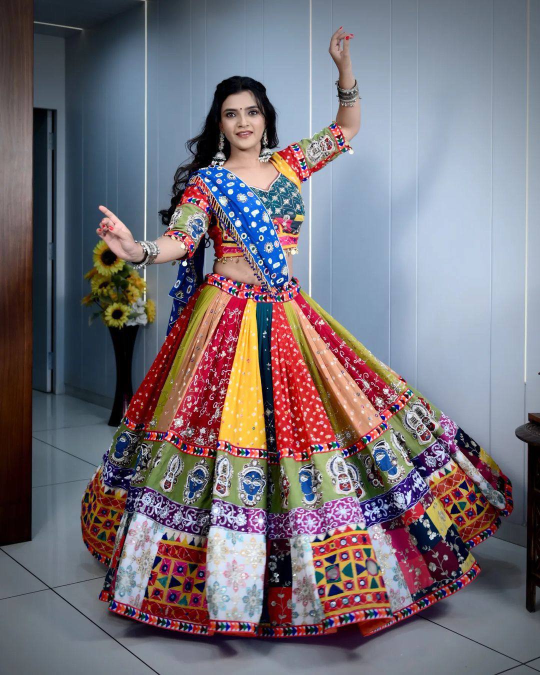 Multi Color Digital Print with Mirror Work Designer Navratri  Lehenga Choli