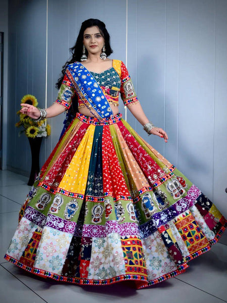 Multi Color Digital Print with Mirror Work Designer Navratri  Lehenga Choli
