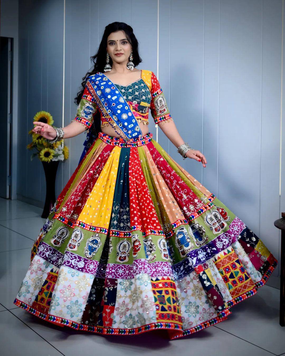 Multi Color Digital Print with Mirror Work Designer Navratri  Lehenga Choli