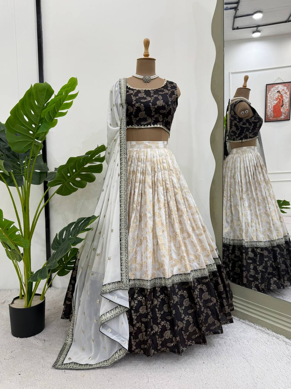 Off White-Black Color Designer Jacquard Wedding Wear Lehenga Choli