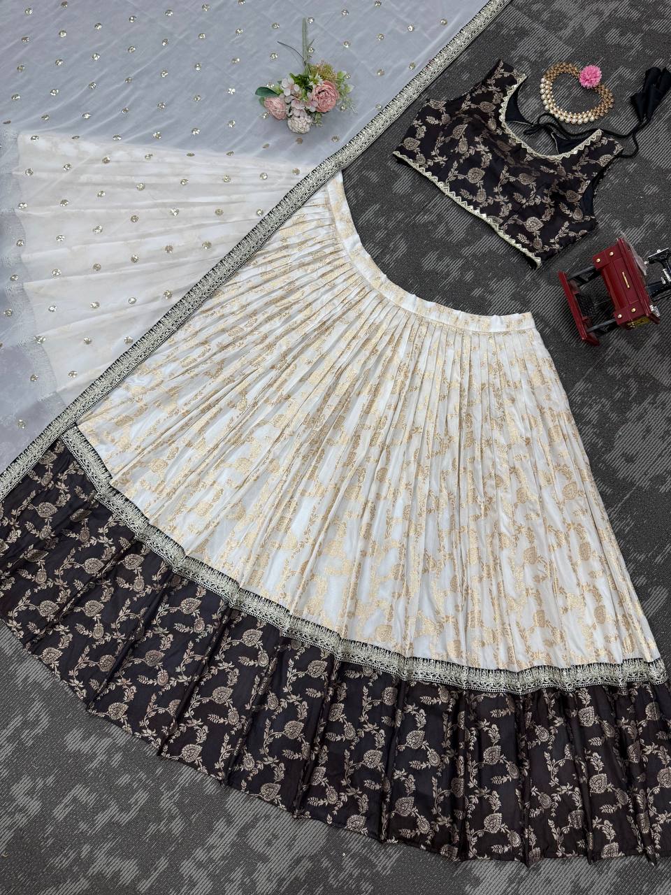 Off White-Black Color Designer Jacquard Wedding Wear Lehenga Choli