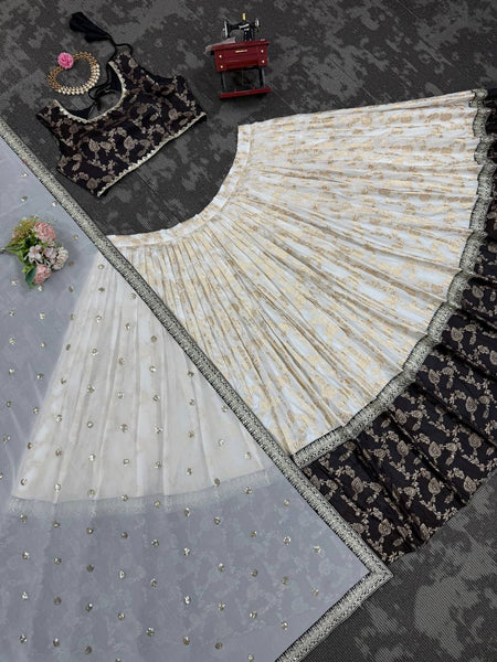 Off White-Black Color Designer Jacquard Wedding Wear Lehenga Choli