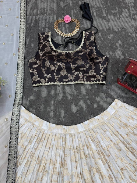 Off White-Black Color Designer Jacquard Wedding Wear Lehenga Choli