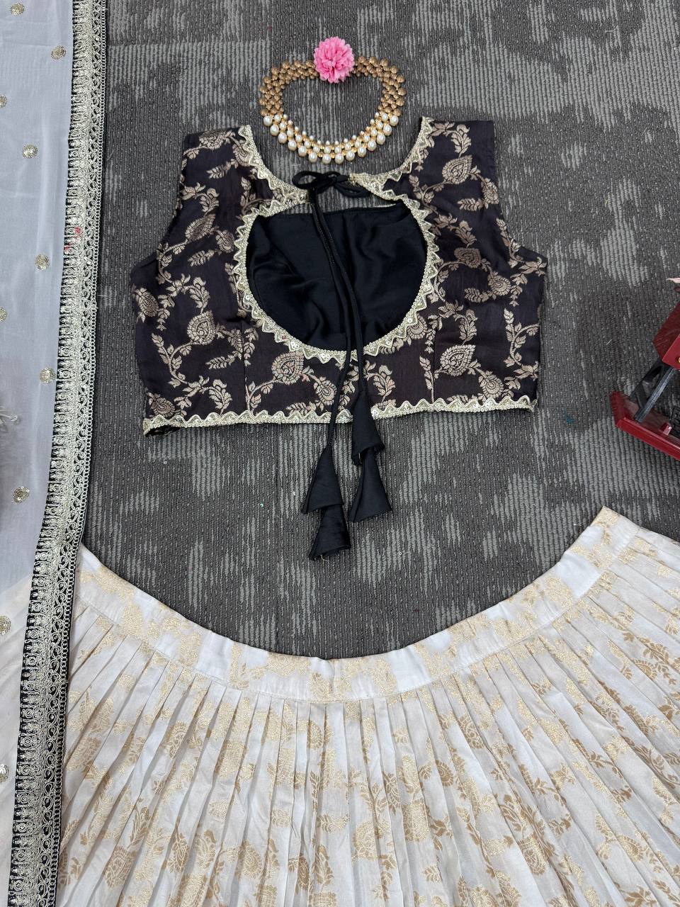 Off White-Black Color Designer Jacquard Wedding Wear Lehenga Choli