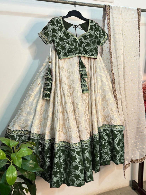 Off White-Green  Color Designer Jacquard Wedding Wear Trendy Lehenga Choli