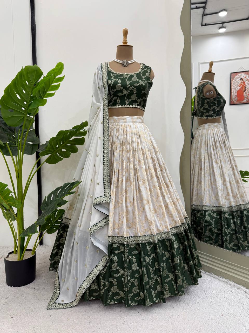 Off White-Green  Color Designer Jacquard Wedding Wear Trendy Lehenga Choli