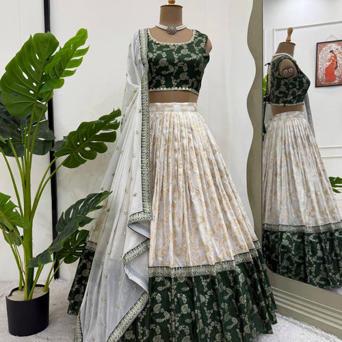 Off White-Green  Color Designer Jacquard Wedding Wear Trendy Lehenga Choli
