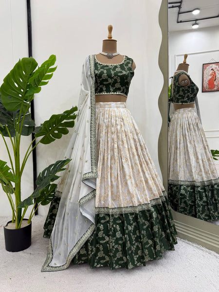 Off White-Green  Color Designer Jacquard Wedding Wear Trendy Lehenga Choli