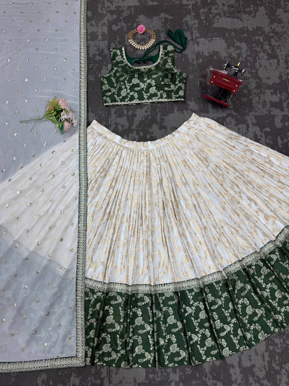 Off White-Green  Color Designer Jacquard Wedding Wear Trendy Lehenga Choli