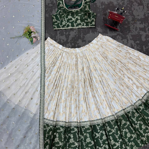 Off White-Green  Color Designer Jacquard Wedding Wear Trendy Lehenga Choli