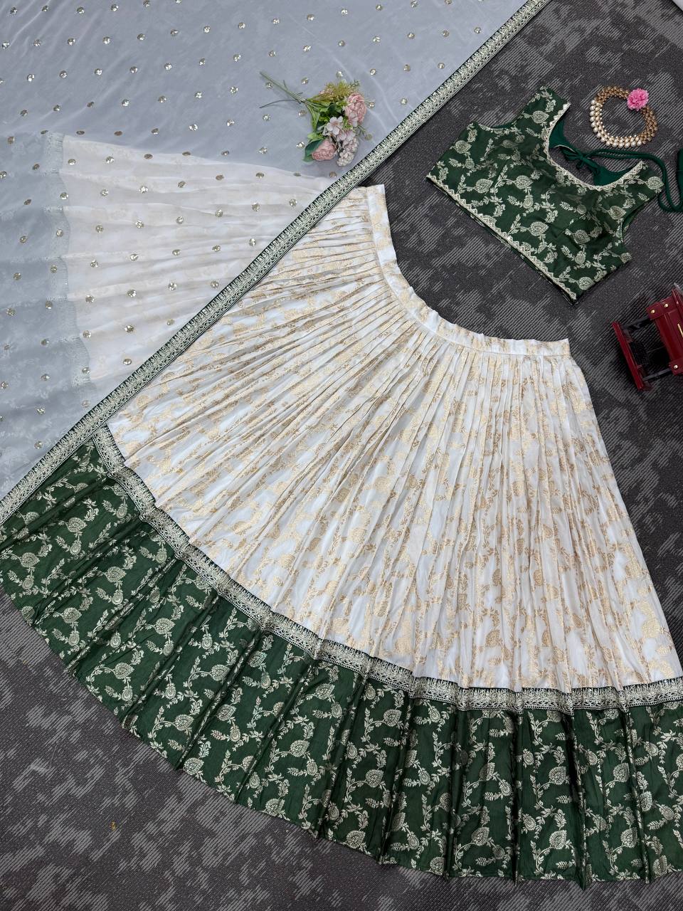 Off White-Green  Color Designer Jacquard Wedding Wear Trendy Lehenga Choli