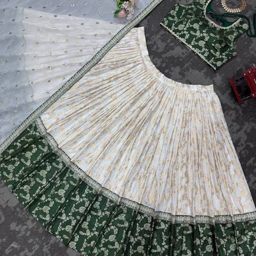 Off White-Green  Color Designer Jacquard Wedding Wear Trendy Lehenga Choli