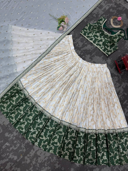 Off White-Green  Color Designer Jacquard Wedding Wear Trendy Lehenga Choli