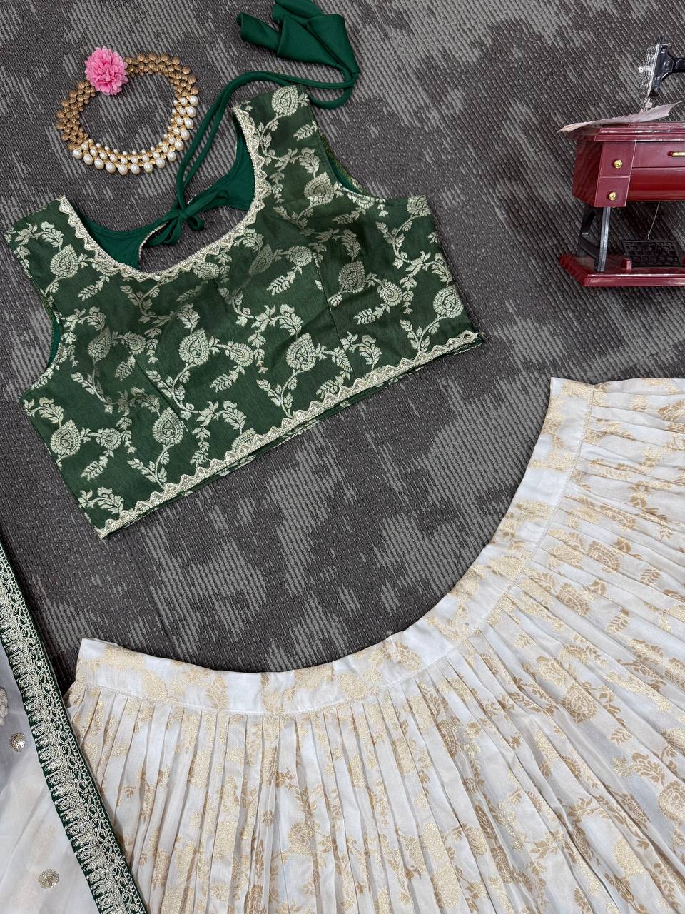 Off White-Green  Color Designer Jacquard Wedding Wear Trendy Lehenga Choli