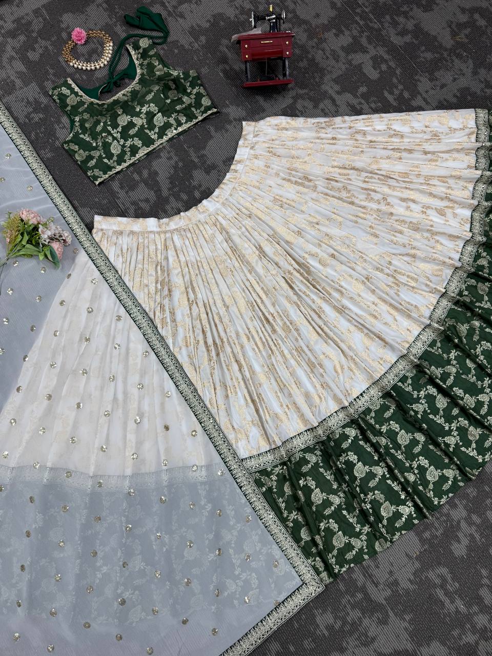 Off White-Green  Color Designer Jacquard Wedding Wear Trendy Lehenga Choli
