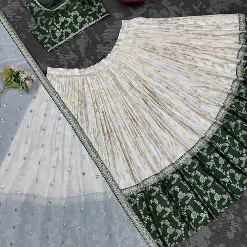 Off White-Green  Color Designer Jacquard Wedding Wear Trendy Lehenga Choli