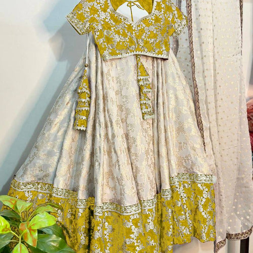 Off White-Yellow Color Designer Jacquard Wedding Wear Trendy Lehenga Choli