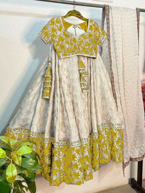 Off White-Yellow Color Designer Jacquard Wedding Wear Trendy Lehenga Choli