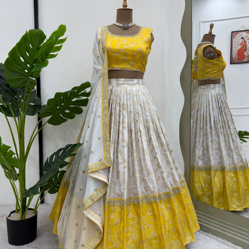 Off White-Yellow Color Designer Jacquard Wedding Wear Trendy Lehenga Choli