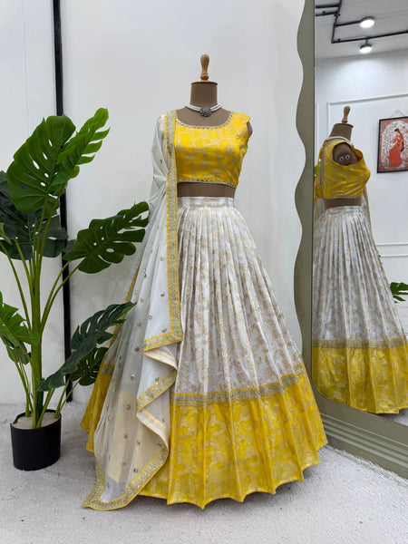 Off White-Yellow Color Designer Jacquard Wedding Wear Trendy Lehenga Choli