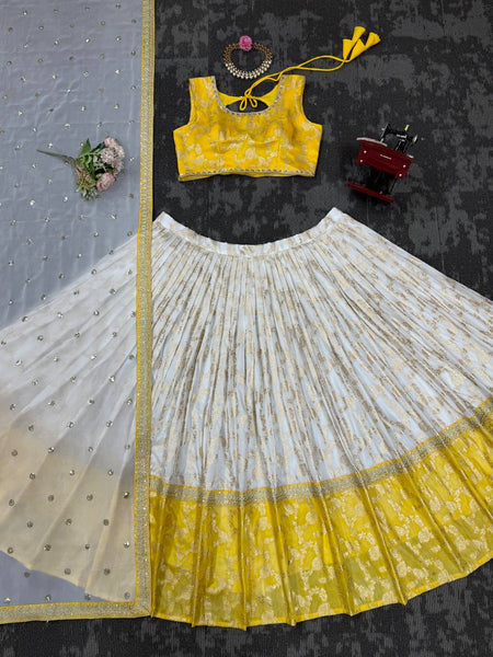 Off White-Yellow Color Designer Jacquard Wedding Wear Trendy Lehenga Choli